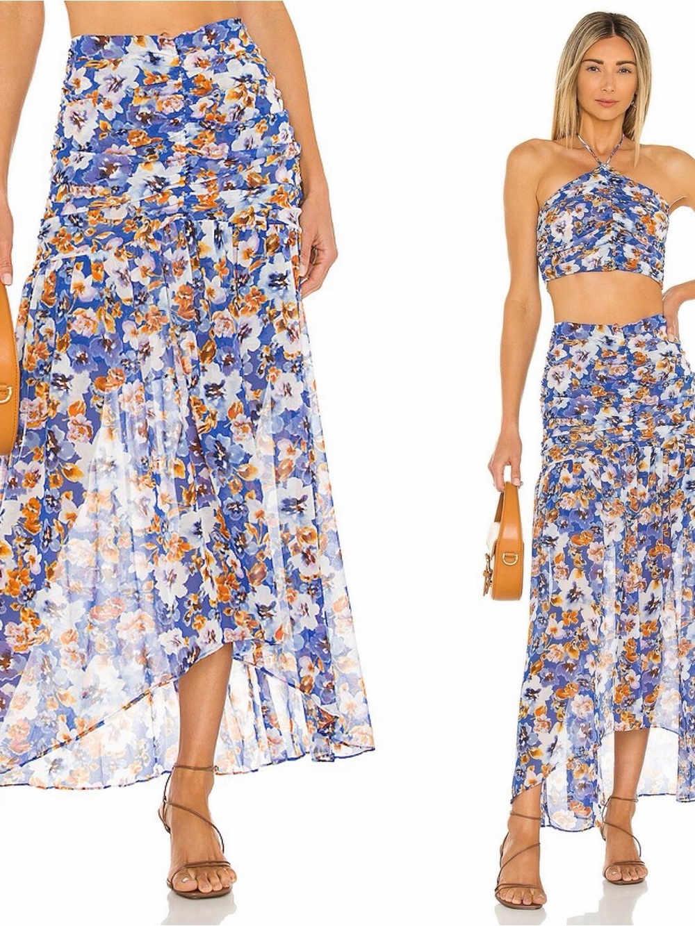 Misa los Angeles Saskia Blue Floral High-Low Maxi Skirt